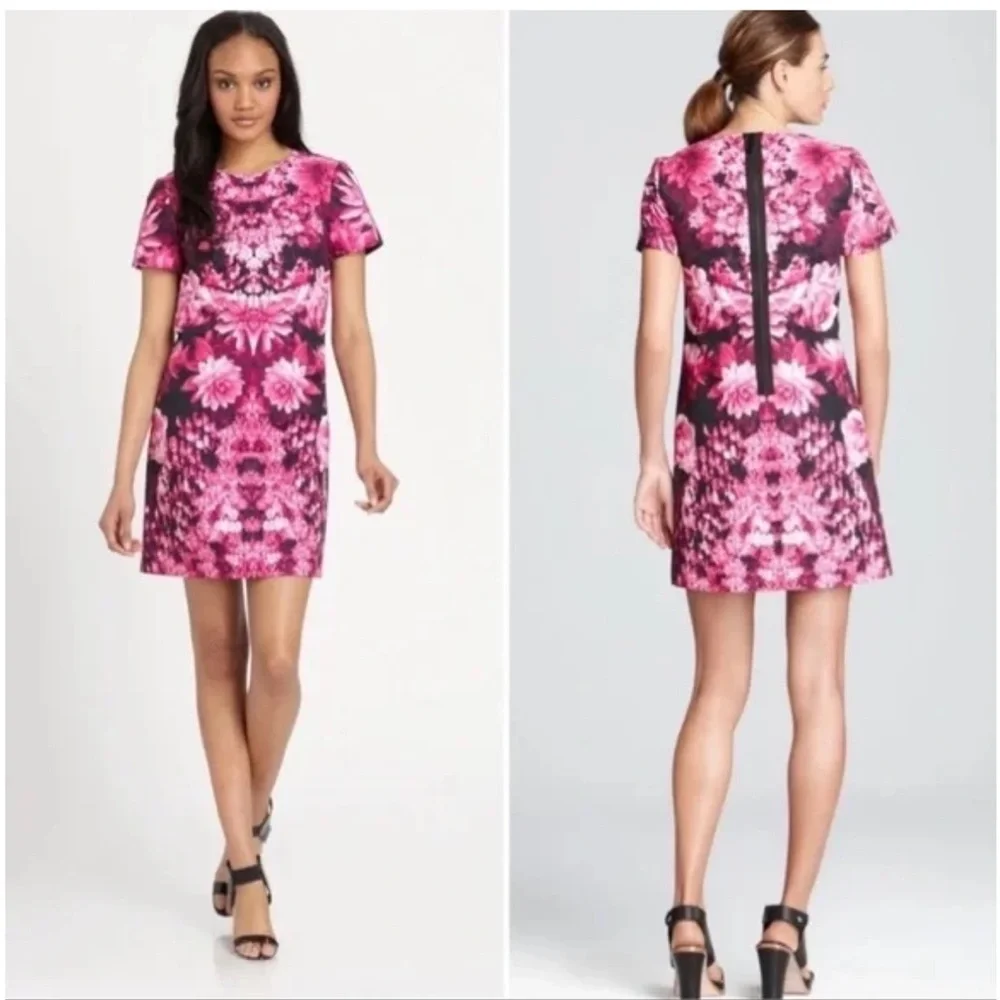 Michael Kors Kew Garden Floral Sheath Dress Short Sleeve Pink Zip Closure Sz 10